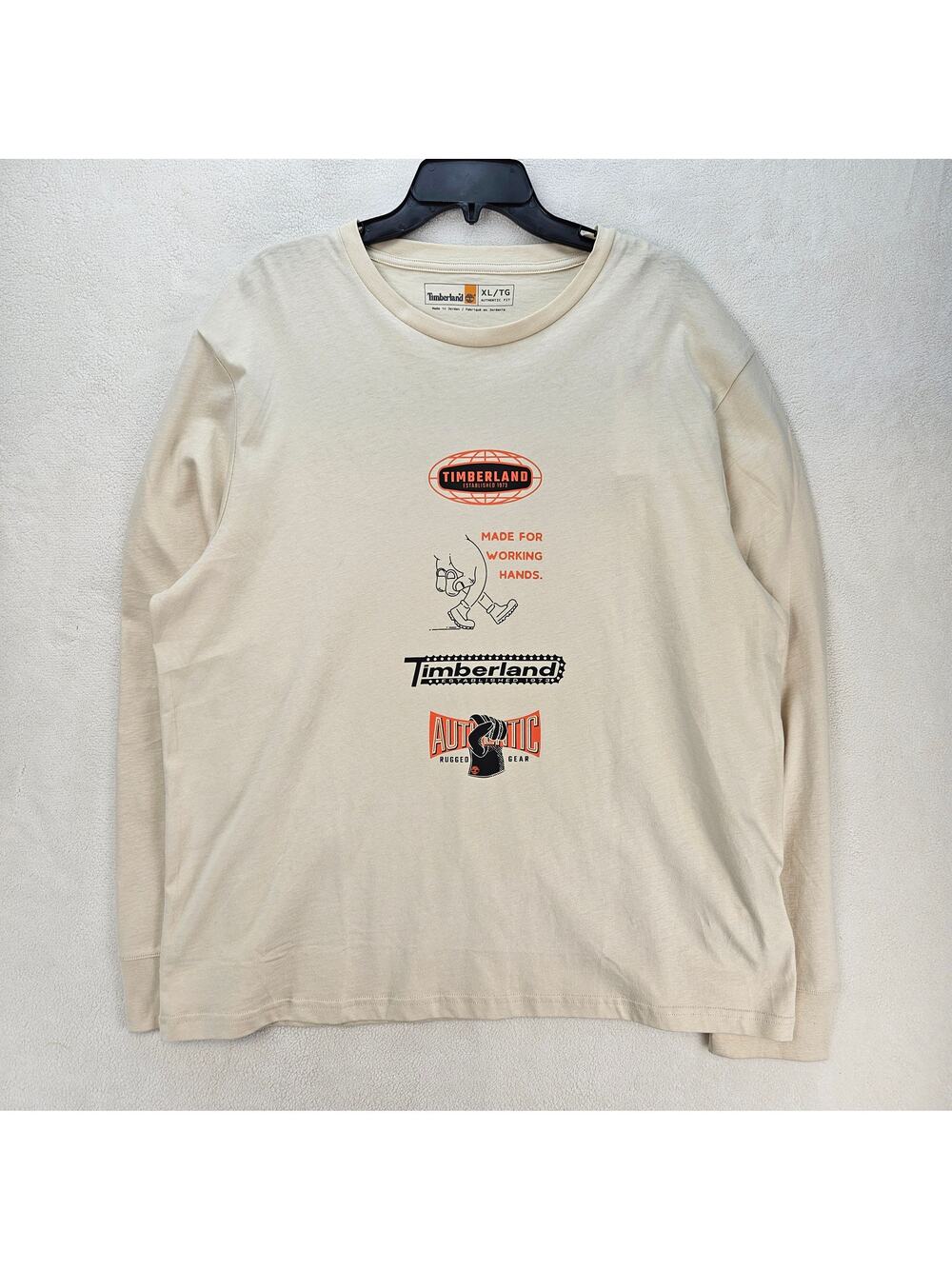 TIMBERLAND MEN'S XL MADE FOR WORKING HANDS LONG SLEEVE GRAPHIC TSHIRT NWT CREAM
